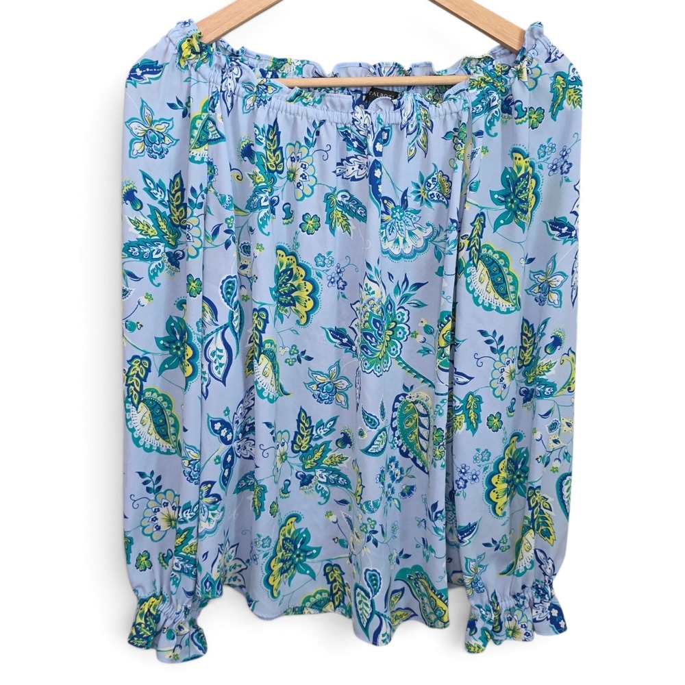 Talbots Top‎ Womens Medium Blue Off The Shoulder Floral Print Blouse Casual